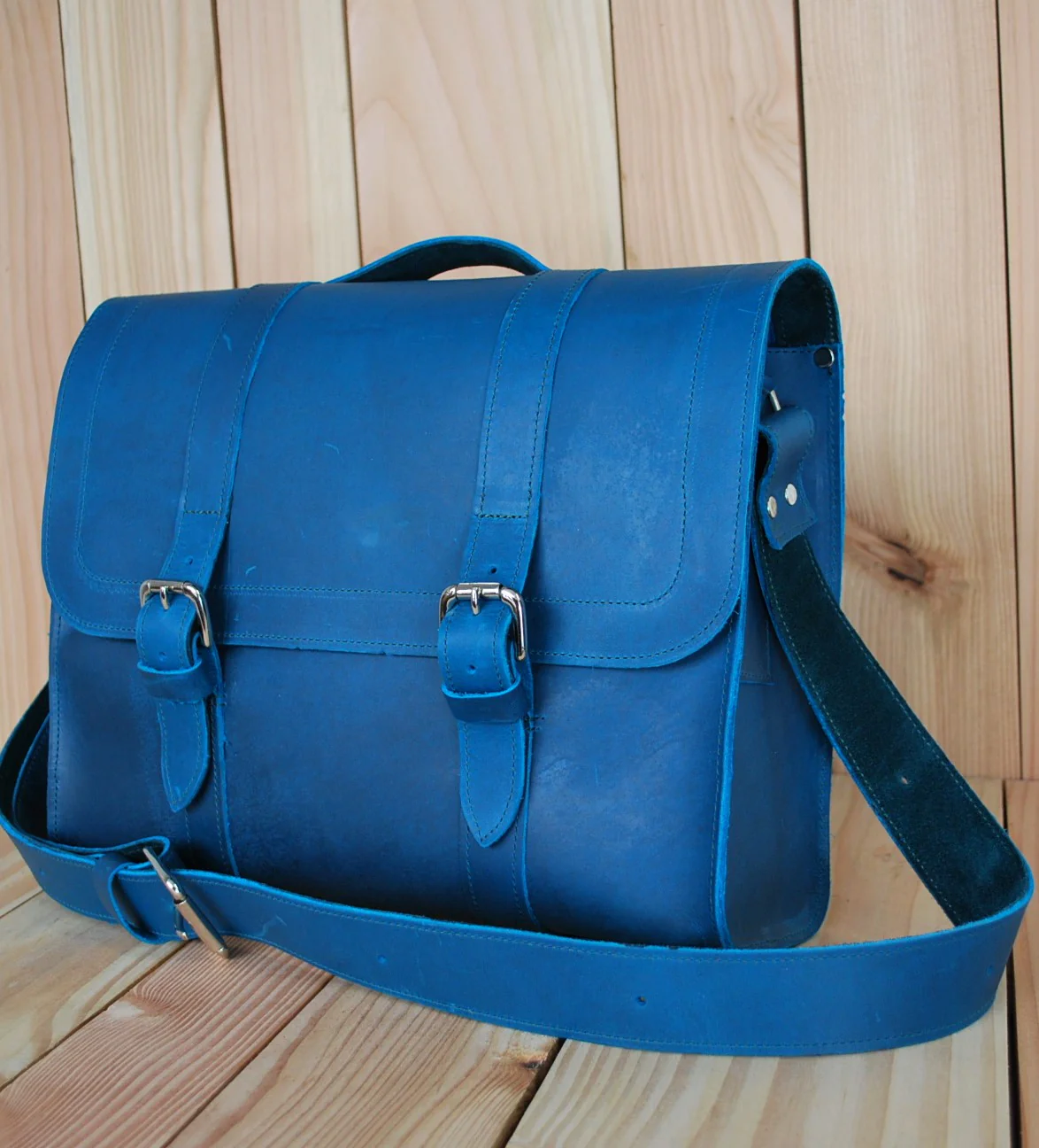 hand made blue satchel